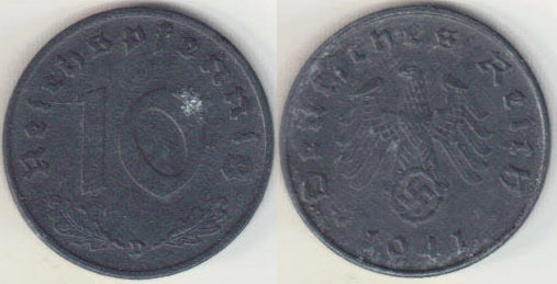 1941 D Germany 10 Pfennig A000320.